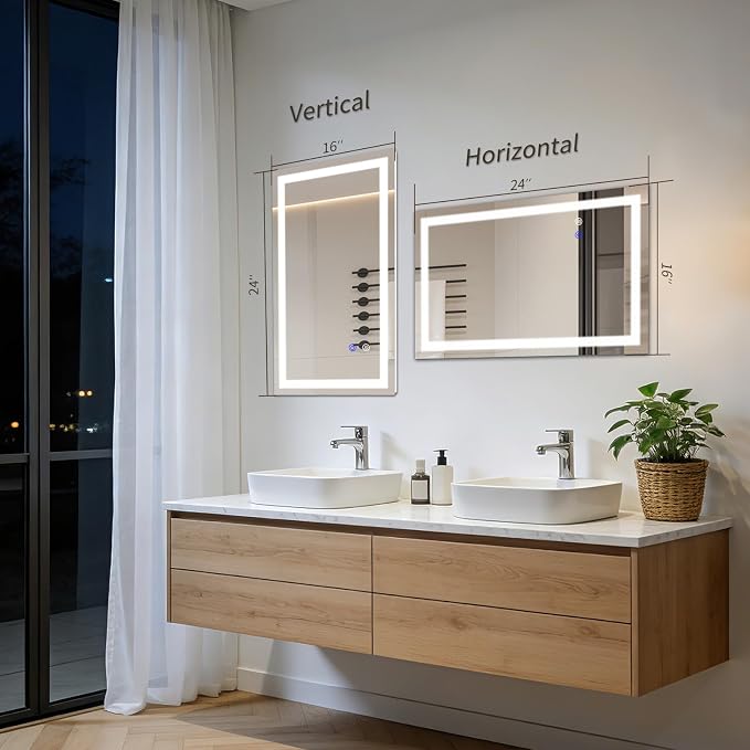16×24 Inch LED Bathroom Mirror, Backlit Vanity Mirror with Lights for Wall Mounted, Anti-Fog, 3 Colors, Dimmable, Memory Function, Led Mirror for Bathroom/Bedroom/Makeup