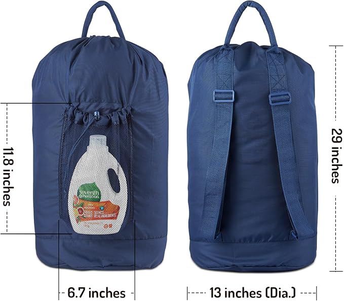 Seiritex Laundry Bag Backpack with Detergent Holder and Adjustable Shoulder Straps, Clothes Laundry Backpack for College, Travel, Apartment, Laundromat, Dorm Room (Blue)