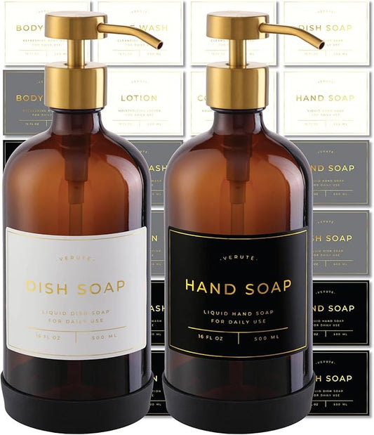 Hand and Dish Soap Dispenser for Kitchen and Bathroom, Set of 2 16 Oz Glass Bottles, Stainless Steel Pumps, Non-Slip Silicone Base, 27 Waterproof Labels (Amber Bottle/Brushed Gold Pump)
