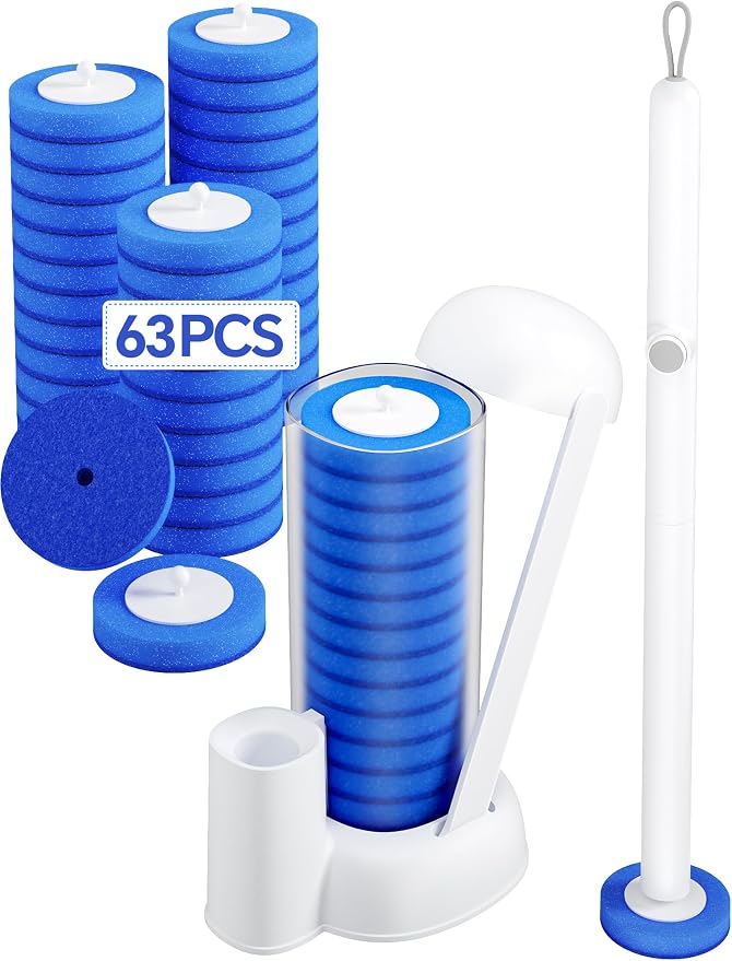 Toilet Brush Kit, Disposable Toilet Bowl Cleaner Brush with Blue Replacement Heads, Press-Button Wand and Self-Closing Freestanding Holder (Toilet Brush + 63 Refills)