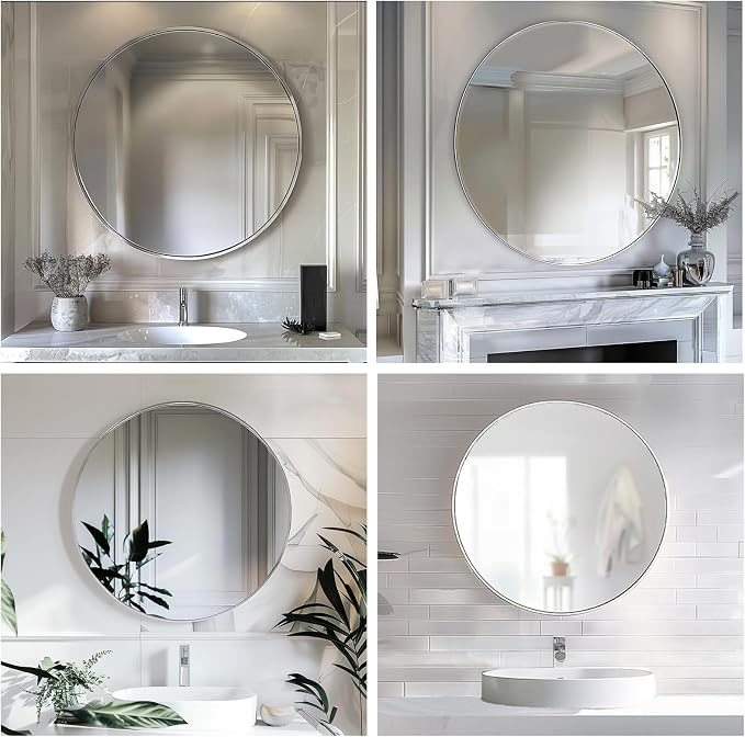Big Bathroom Mirror 42 inch,Silver Wall Mirror,Brushed Metal Frame | Brushed Silver Metal Frame, High Definition Mirror, Rust-resistant, Circle Mirrors for Living Room, Bedroom, Dressing Room
