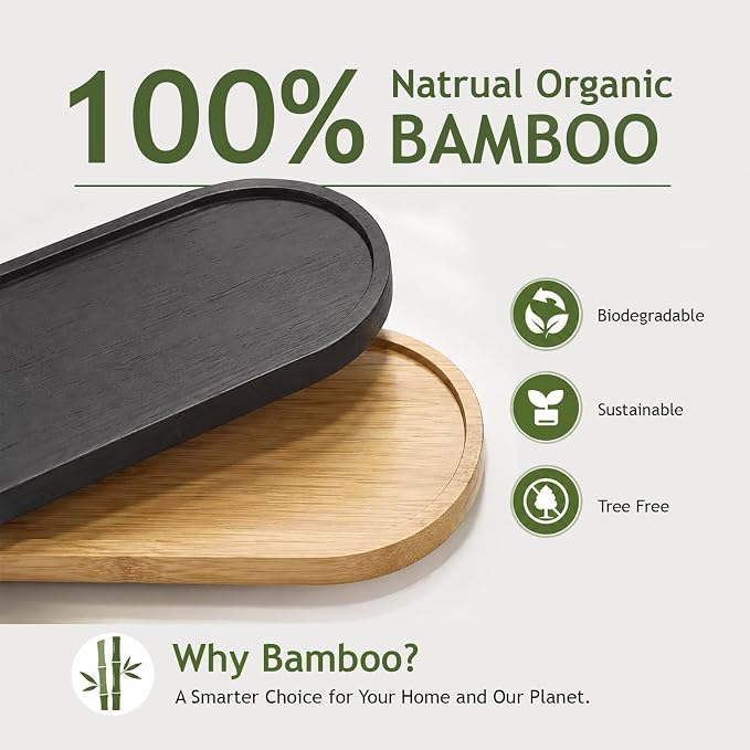 SheeChung Bathroom Counter Tray, Small Bamboo Vanity Tray - 6.9" x 3.5" | 2 PCS Black, Decorative Countertop Organizer for Soap Dispenser, Perfume, Jewelry, Catchall, Makeup, Candle, Coffee Table