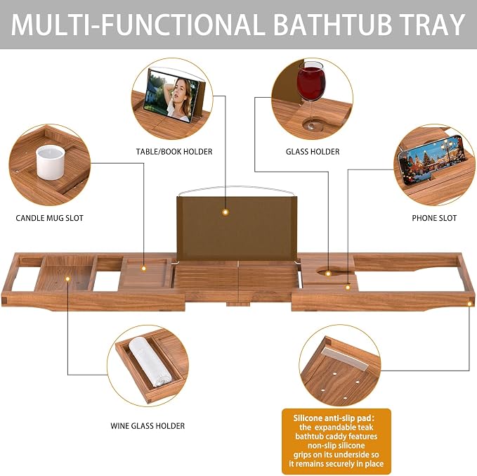 Bathtub Tray Caddy, Expandable Teak Wood Bath Tray for Tub | Foldable Bath Table Trays with Non-Slip Pads, Bathroom Spa Accessories, Ideal Gift for New Home & Mom's Birthday