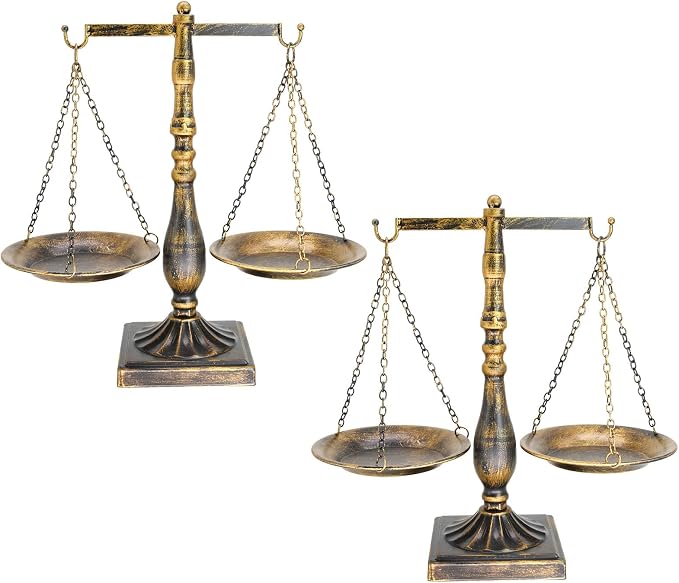 Owlgift Set of 2 Vintage Metal Libra Jewelry Towers Display Cosmetic Organizer Storage, Scale Centerpiece Stand, Antique Jewelry Storage, Farmhouse Candleholder Display – Bronze, 7.7“ W x 12.1“ H