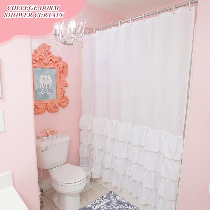 Hahafelt White Dorm Ruffle Shower Curtain 72 x 72 Inches, Half Ruffle | Fabric Preppy Ruffled Shower Curtain with 12 Hooks, Cute Dorm Bathroom Decor, Farmhouse College High School Bathroom Decor