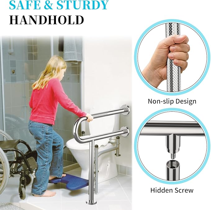 Toilet Support Rail 24x28 Inch, Munzong Anti-Slip Chrome Handicap Grab Bar | Stainless Steel Knurled Safety handrails with Leg for Bathroom Elderly Disabled Pregnant-1.25’Tube