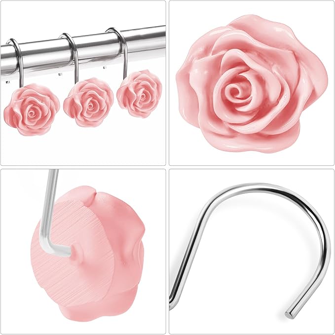 Cute Rose Floral Shower Curtain Hooks Rings for Bathroom,Pink 12PCS | Metal Rustproof Curtain Hooks Shower Rings,Girls Decorative Flower Bathroom Decor,for Bathroom Shower Rods