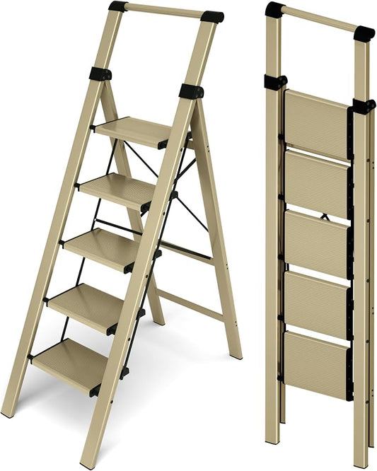 HillhutApex Aluminum 5 Step Ladder, Step Stool Foldable Ladder(Gold) | Stepladder with Handgrip,Anti-Slip Pedals,330lbs Capacity,Lightweight Folding Ladder for Home,Office,Libaray