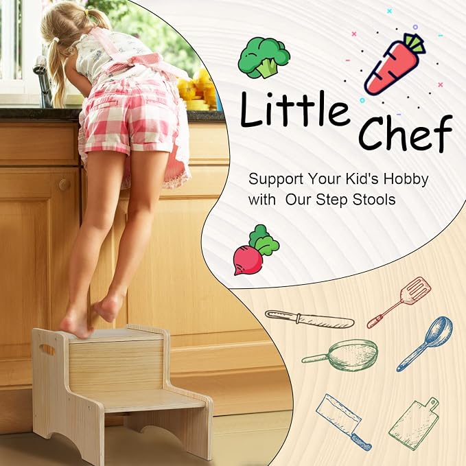 Toddler Step Stool for Kids, Wooden Two Step Children's Stool with Handles, Bonus Non-Slip Pads for Safety, Bathroom Potty Stool & Kitchen Step Stools Dual Height
