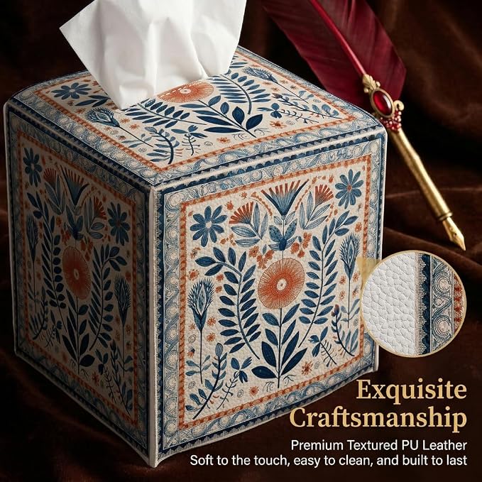 Tissue Box Cover Holder Square - Vintage Boho PU Leather Decorative Organizer, Ethnic Carpet Pattern Design Inspired, with Bottom Belt for Bathroom Car Office Tabletop Home, 5x5 Inch (Blue&Orange)