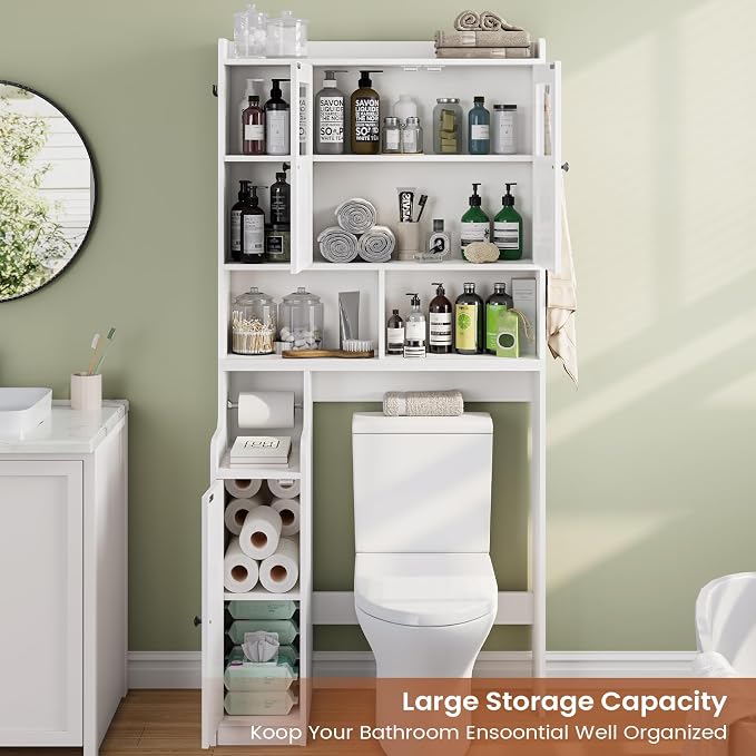Itaar Over The Toilet Storage Cabinet, Over Toilet Bathroom Organizer with Glass Doors & Toilet Paper Holder Stand, Home Space-Saving Toilet Rack, for Bathroom, Restroom, Laundry(White)