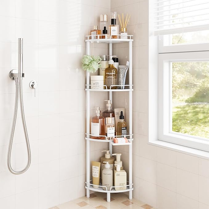 ELYKEN Corner Shower Caddy Standing, 4 Tier Metal Shower Organizer, White | Stainless Steel Shower Shelves with Soap Holder, Adjustable Feet & 2 Hooks for Storing Bath Essentials in Bathroom corner