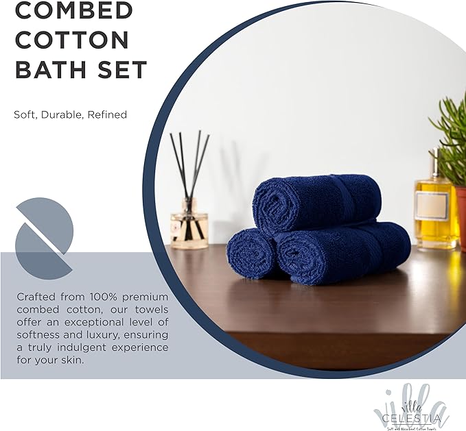 Villa Celestia 18-Piece 100% Cotton Towel Set, 4 Bath Towels, 6 Hand Towels, 8 Wash Cloth, Quick-Dry, Navy Blue