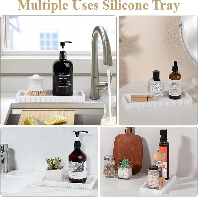 Silicone Bathroom Tray Small Vanity Tray Kitchen Counter Decor, White | Non Slip, Dishwasher Safe, for Dish Soap, Perfume, Candle, Sponge