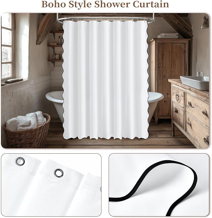 84x72 Boho Scalloped Linen Textured Cloth Shower Curtain Set, White | Wide Size, 230GSM Waterproof Polyester, Heavy Duty Fabric, 14 Plastic Hooks, Elegant Modern Farmhouse Style, Machine Washable