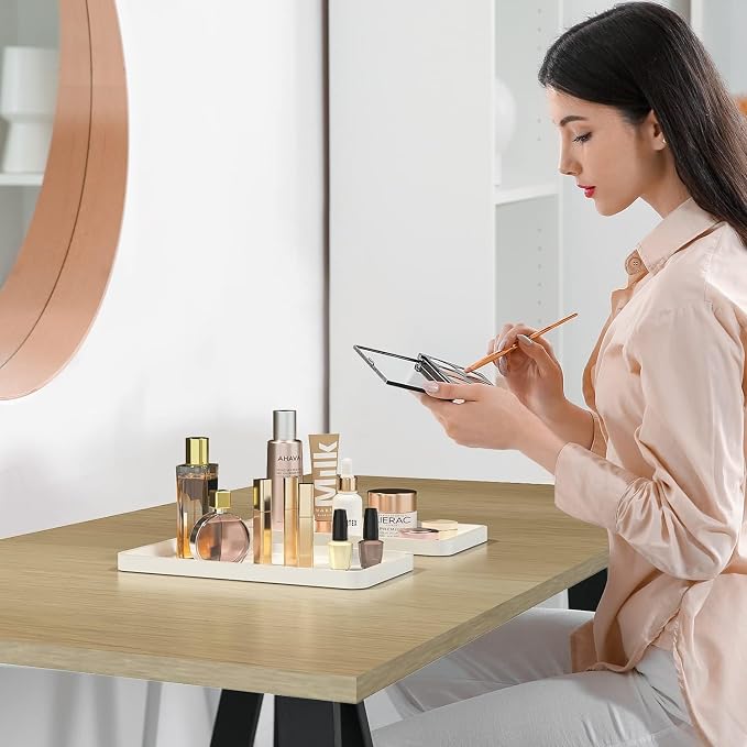 Weenson Bathroom Vanity Trays for Countertop Toiletries Decor Candle Perfume Makeup, Kitchen Tray for Soap Dispenser Spice Salt Oil, White Tray for Toilet Tank Coffee Nightstand Set of 2