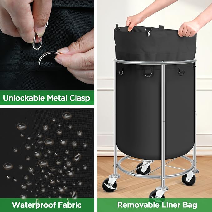 100L Round Rolling Laundry Hamper Basket with Wheels, Black | Laundry Sorter Cart with Removable Bag, Clothes Organizer, Metal Frame, Bedroom, Bathroom, Laundry Room, Dorm Use