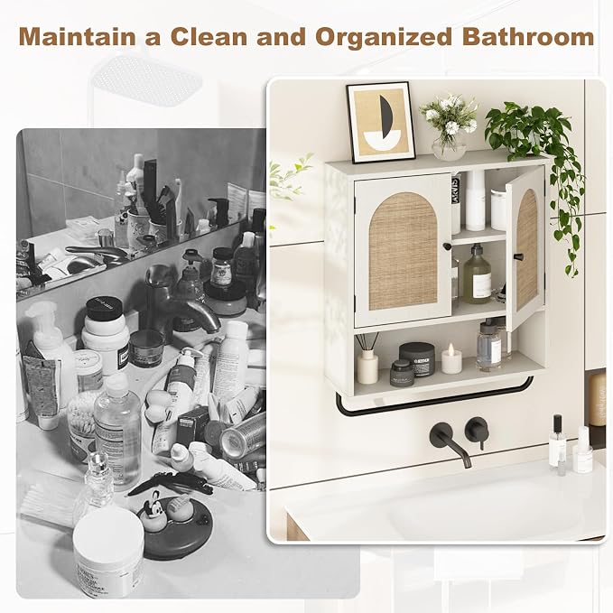 RUSTOWN Rattan Bathroom Wall Cabinet, Boho Medicine Cabinet with 2 Doors | Arched Doors, Farmhouse Over The Toilet Storage Cabinets, Adjustable Shelves, Towel Bar, 3-Tier Wall Mounted Cabinets