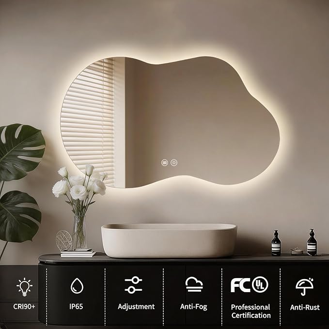 LED Mirror for Bathroom, 22x36 Inch Irregular Backlit Mirror | 3 Colors, Dimmable, Anti-Fog, Memory Function, Horizontal/Vertical, Al Alloy Lampshade, HD Glass, Rust-proof Treatment, UL