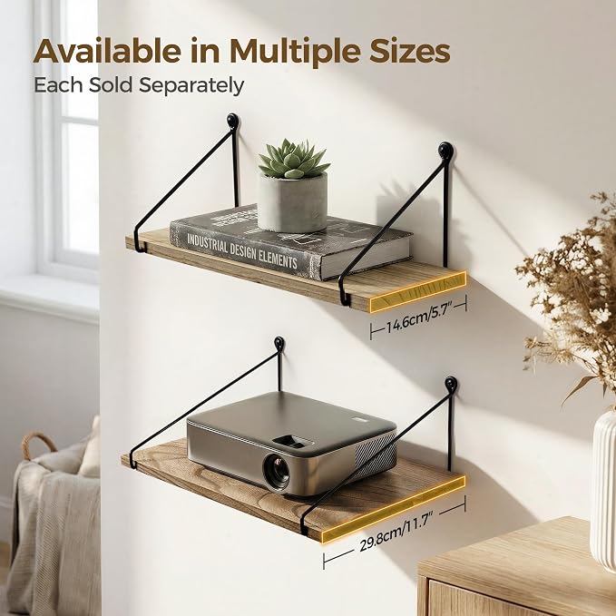Afuly Rustic Floating Shelves for Wall, Wood Shelf with Brackets, Set of 2 | Solid Wood and Metal, Hanging Bookshelf, Plants Photos Display, for Bathroom, Kitchen, Living Room, Bedroom, Home Decor