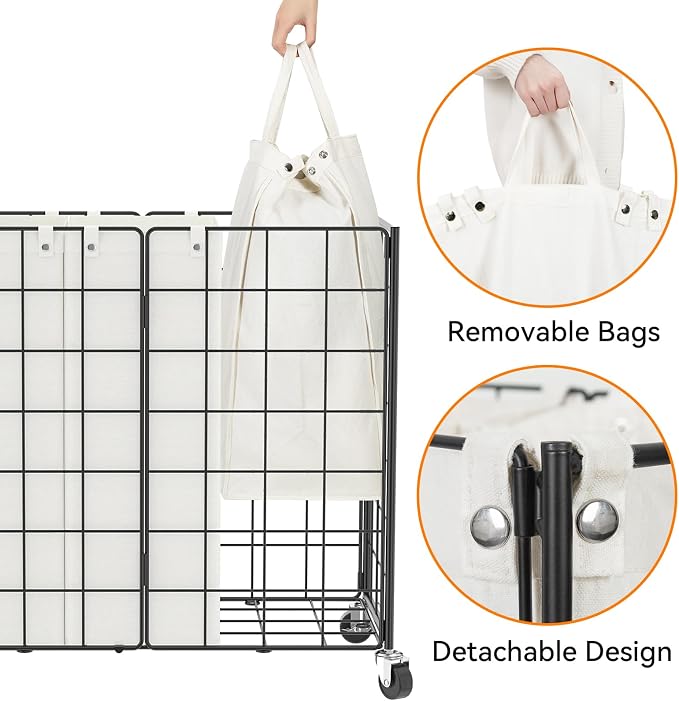 WOWLIVE Laundry Basket 3 Section with Wheels, Metal Rolling Laundry Hamper | Wire Frame Dirty Laundry Organizer with Removable Bags, 150L Clothes Hamper for Dorm Room Storage, College, Black and White