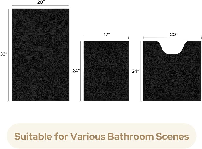 HOMEIDEAS 3 Pieces Bathroom Rugs, Ultra Soft Non Slip Absorbent Chenille Toilet Bath Mat Set (Black)