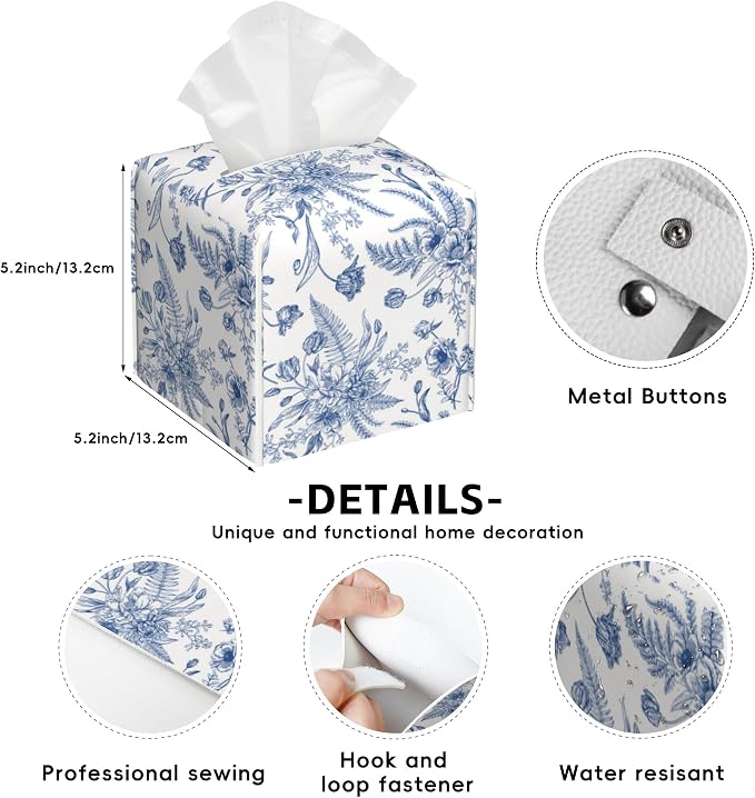 Blue Flowers Tissue Box Cover Square,Tissue Box Holder with Belt Bottom,Stylish Leather Napkin Holder for Vanity Countertop,Nightstands,Office Desk,5.2"×5.2"×5.2"