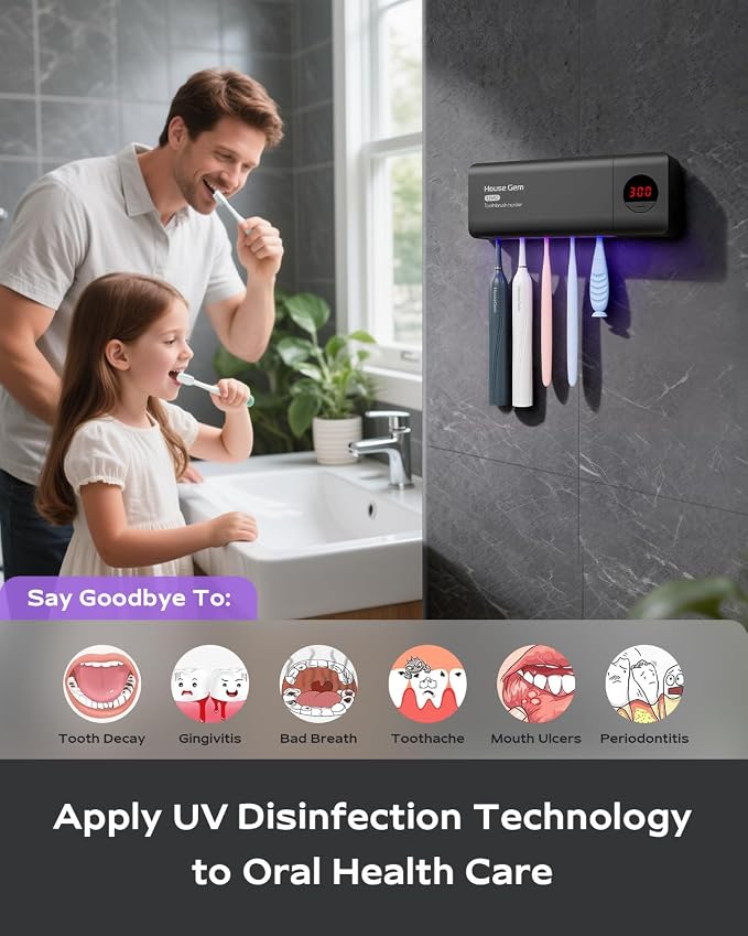 Toothbrush Holder for Bathroom Wall Mounted, Rechargeable - Black | EPA Certified; 300s Smart Timer; 2000mAh Battery; LCD Working Display; Holds 5 Toothbrushes; Easy Wall Mount