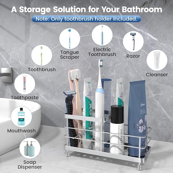 Luxspire Toothbrush Holders for Bathroom, Stainless Steel, 6 Slots, Silver | Toothbrush Holders With Drainage, For Bathroom Countertop & Kitchen Sink, Bathroom Accessories