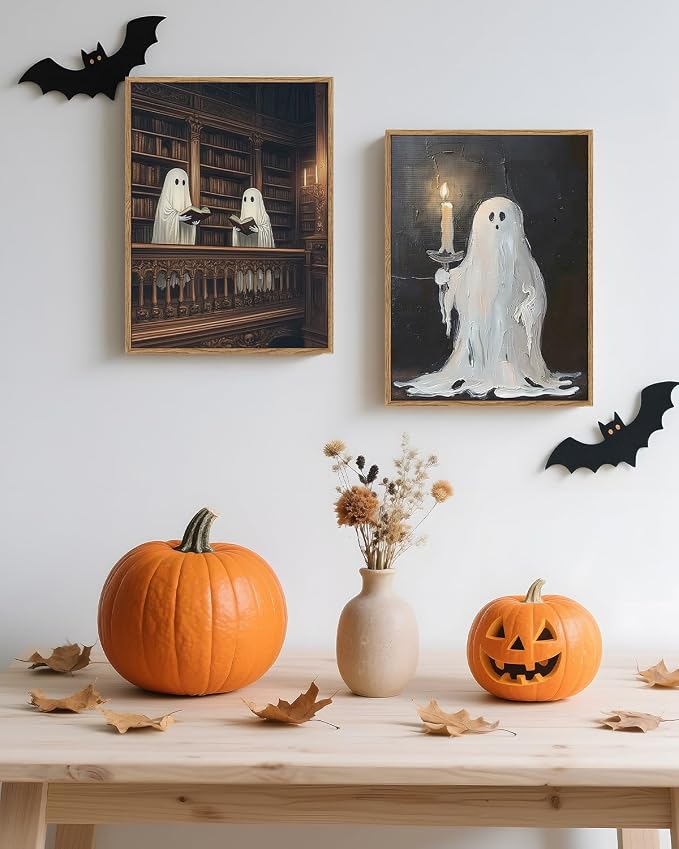 InSimSea Framed Canvas Art Prints, Vintage Halloween Decor, 12x16inch, Cute Spooky Ghosts Decor for Bedroom Kitchen Living Room shelf Fireplace, Dark Academia Gothic Pictures