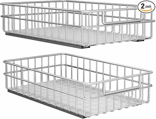 Pull out Cabinet Organizer, Stainless Steel 2-Pack (11.8"W x 21"D) Full-Extension Slide out Drawer, Adhesive Roll out Can Spice Storage Basket Shelf Rack for Pantry, Kitchen, Bathroom, Home Closet