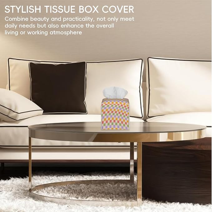 Tissue Box Cover Leather Tissue Box Holder Cube Tissue Case Cover Facial Paper Organizer Dispenser for Bathroom, Vanity Countertop, Office Desk (Wavy Checkered)