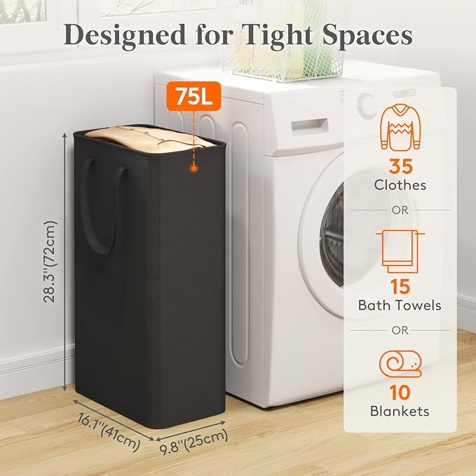 Lifewit Slim Collapsible Laundry Basket with Handles, 75L, Black | Narrow Laundry Hamper for Dirty Clothes, Tall Thin Laundry Bin, Small Clothes Hamper for Bathroom, Bedroom, RV, Dorm