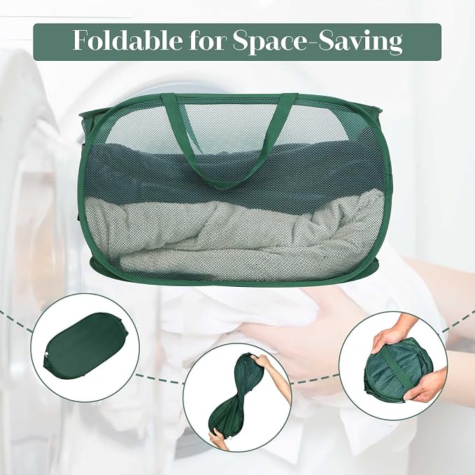 Sturdy Mesh Pop Up Laundry Hamper, Collapsible Laundry Baskets with Side Pocket, Foldable Clothes Hamper with Reinforced Carry Handles for Laundry, Bathroom, Kids Room, Dorm or Travel Emerald