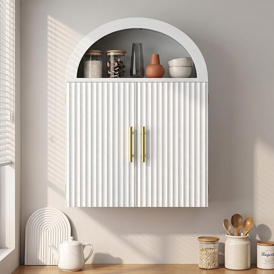 Kalrin Arched Wall Cabinet, Large Wood Bathroom Cabinet Wall Mounted Cupboard, Modern Floating Storage Cabinet with Acrylic Door Adjustable Shelf, Wood Organizer White