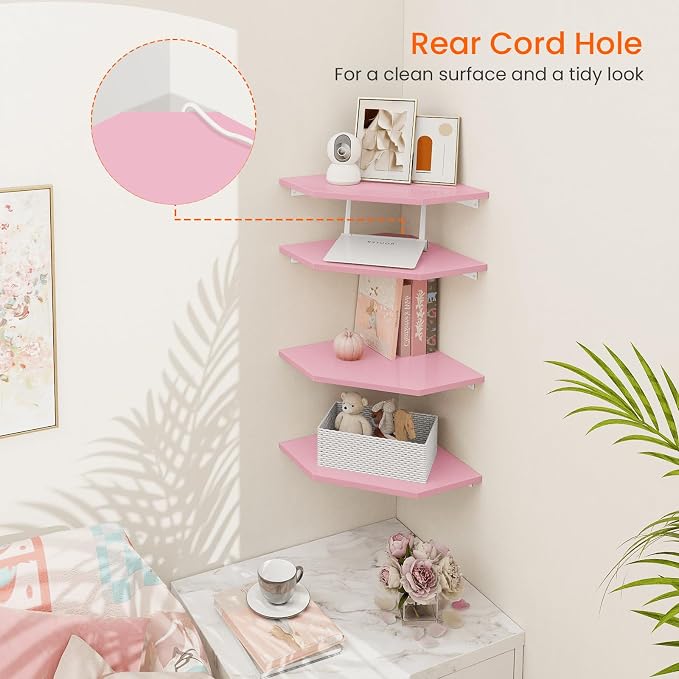 Corner Shelf Wall Mount, Set of 4 Corner Floating Shelves, Wood Hanging Storage Shelving with Cord Hole, Wall Shelf Organizer for Bathroom Bedroom Living Room Office, Pink