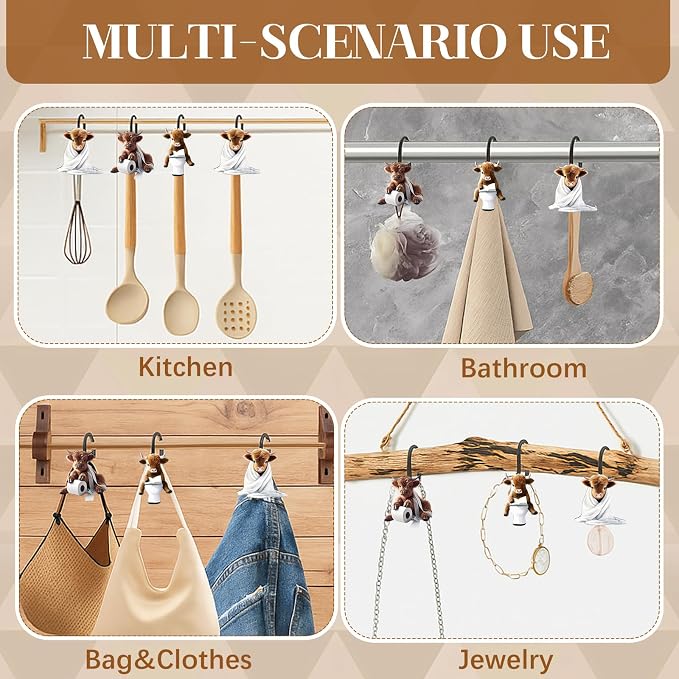 Sawysine 12 Pcs Cow Shower Curtain Hooks Bathroom,Highland Cow | Highland Cow Design in 3 Poses, Western Farmhouse Decor for Rustic Bathroom Bedroom, Set Includes Decorative Hangers