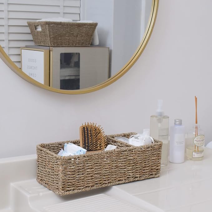 StorageWorks Wicker Toilet Basket Tank Topper, Seagrass Storage Baskets | Wicker Basket, Toilet Paper Storage for Back of Toilet Tank, Woven Baskets for Shelves, Wicker Baskets with 3 Compartments