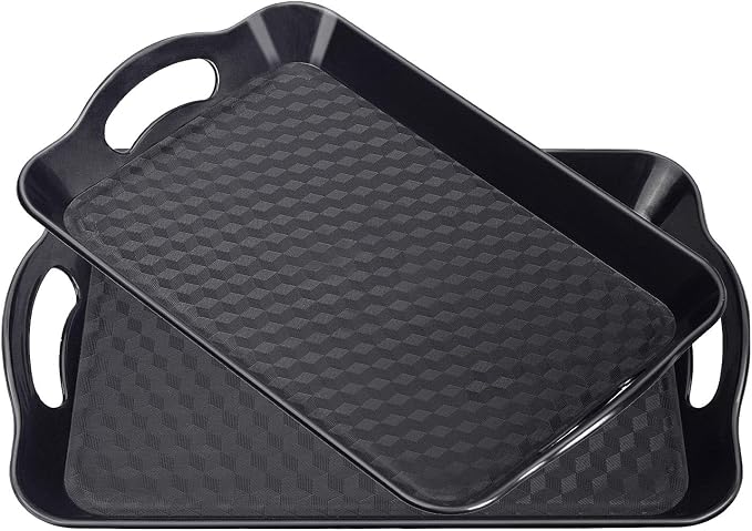 Plastic Tray with Handles, 2 Pack Multi-Purpose Rectangular Non Slip Restaurant Serving Trays Set for Parties, Coffee Table, Kitchen (12.2x16 inch) | Non-Slip Surface, Raised Edges, Lightweight Build, Easy Carrying, Restaurant, Coffee Table and Party Use