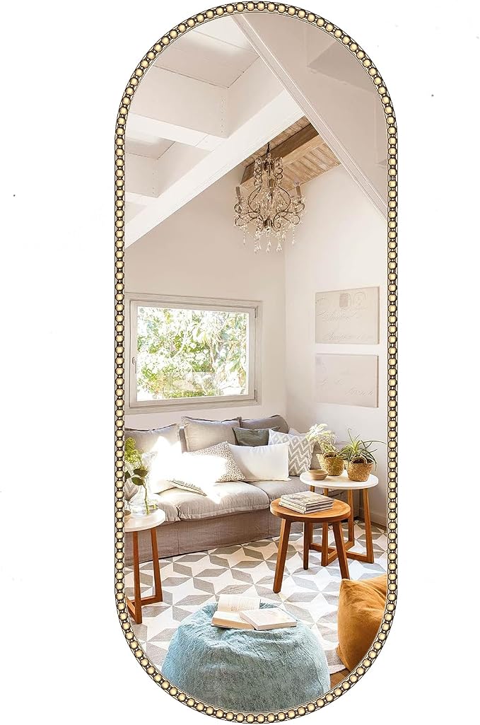 Champagne Bronze Bathroom Mirror,16"x48" Oval Brass Vintage Mirror | Gold Beaded Wall Mirrors with Metal Frame, Antique Vanity Mirror for Over Sink,Entryway,Bedroom,Living Room Fireplace Mantel