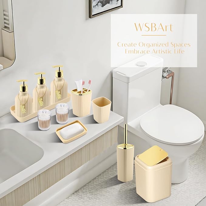 17PCS Bathroom Accessories Set, Beige Bathroom Set Bathroom Accessories Set with Trash Can, Toilet Brush, Toothbrush Holder, Qtip Holder & 3PCS Soap Dispenser