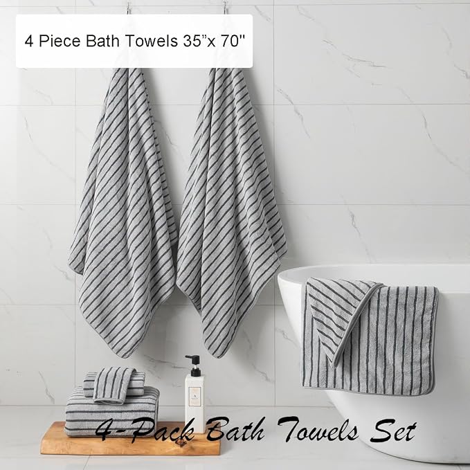 4 Piece Grey Cabana Stripe Large Bath Towels Oversized Bath Sheet Super Soft Breathable Jumbo Bathroom Towels Highly Absorbent Shower Towel Quick Dry Beach Chair Towel Spa Gym Hotel Towel Set