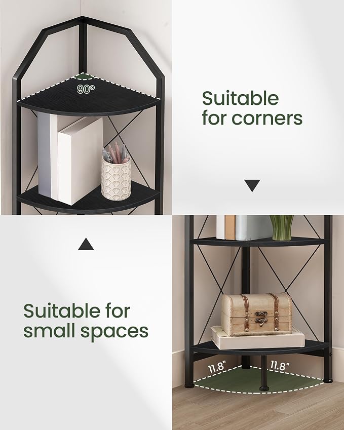 4-Tier Corner Shelf, Industrial Corner Bookshelf, 47.6" Corner Storage Stand, Plant Stand Display Shelf, Corner Bookcase for Bedroom, Living Room, Home Office, Black TCJ09BB