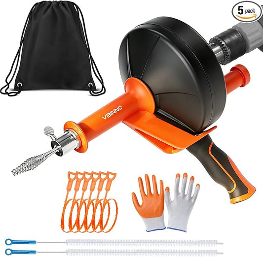Drain Auger 25Ft, Drain Snake Auger Kit With Drill Adapter, Plumbing Snake Drain Hair Clog Removal Tool Set for Kitchen Bathroom Shower, Storage Bag and Gloves