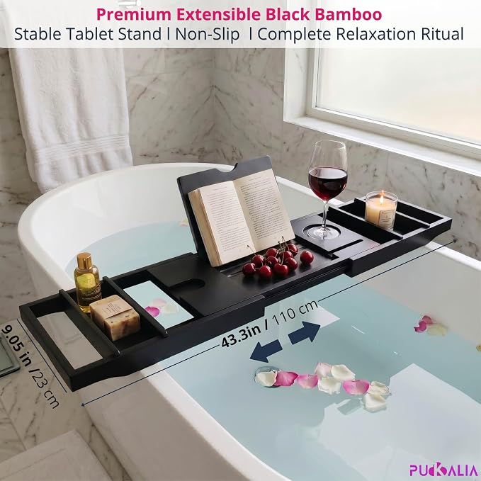 Bath Tray for Tub and Ergonomic Pillow Premium - Caddy Expandable 29 to 42.5 Inch -Foldable Bamboo Wood Tub Organizer - Luxury Bathtub Tray Wood Bamboo