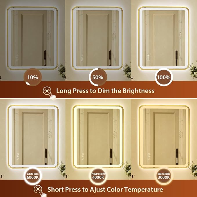 36x48 Inch Gold Framed LED Bathroom Mirror with Lights, Built-in Bluetooth Speaker, Dimmable Lighted Bathroom Vanity Mirror with 3 Colors, Backlit + Frontlit, Memory, Anti-Fog
