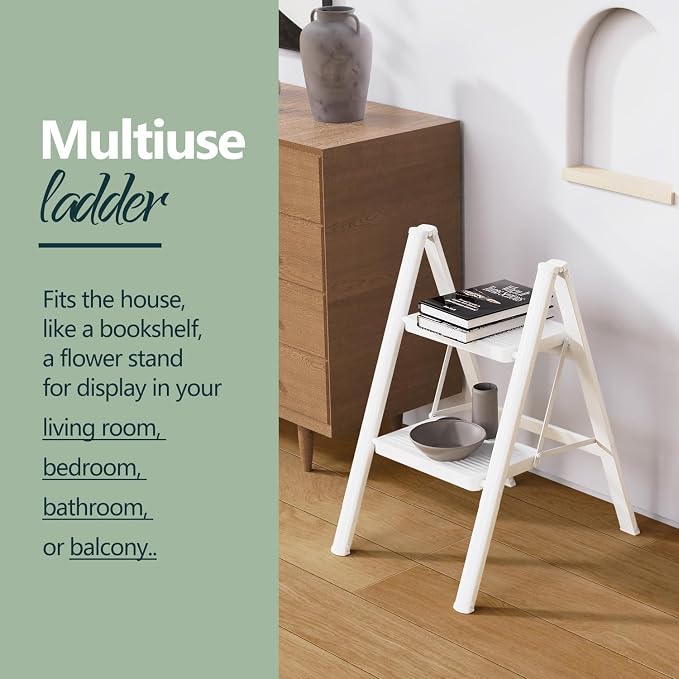2 Step Foldable Step Stool, 330lbs Load, White | Folded 26'' H x 2'' T; Net 7.4 lbs; Anti-Slip Feet Grip Wood, Tile, Carpet; Wide Pedals; For Kitchens, Closets.