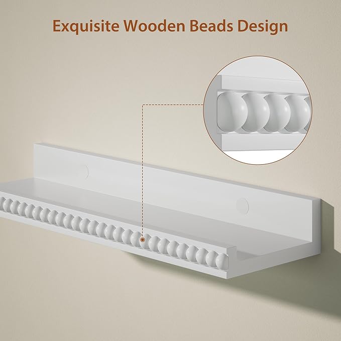 Alsonerbay 15.7 Inch Floating Shelves with Wooden Beads 2 Pack, White | Wall mounted shelves with lip, kids book ledge, boho wall decor for bathroom bedroom living room nursery baby room