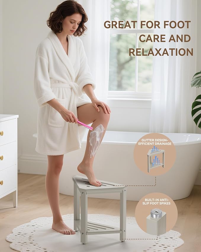 Shower Foot Rest 15in, HDPE Waterproof Shower Stool for Inside Shower, Corner Shower Stool for Shaving Legs with Storage Shelf for Small Space, Shower Step Stool, Plastic Corner Shower Bench, Beige