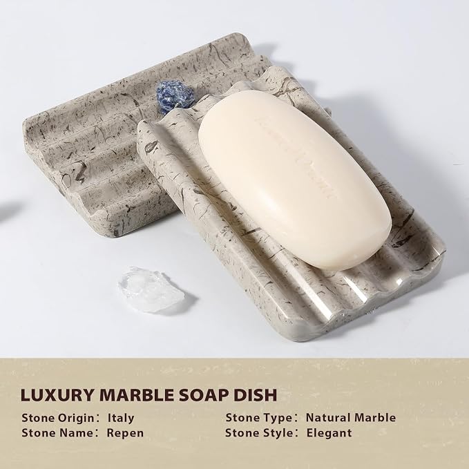 Natural Grey Marble Soap Dish for Shower, Stone Soap Tray for Bathroom, Gray Bar Soap Holder for Sink, Stripe Grooves Soap Saver Stone Dish Keep Bars Dry Easy Clean